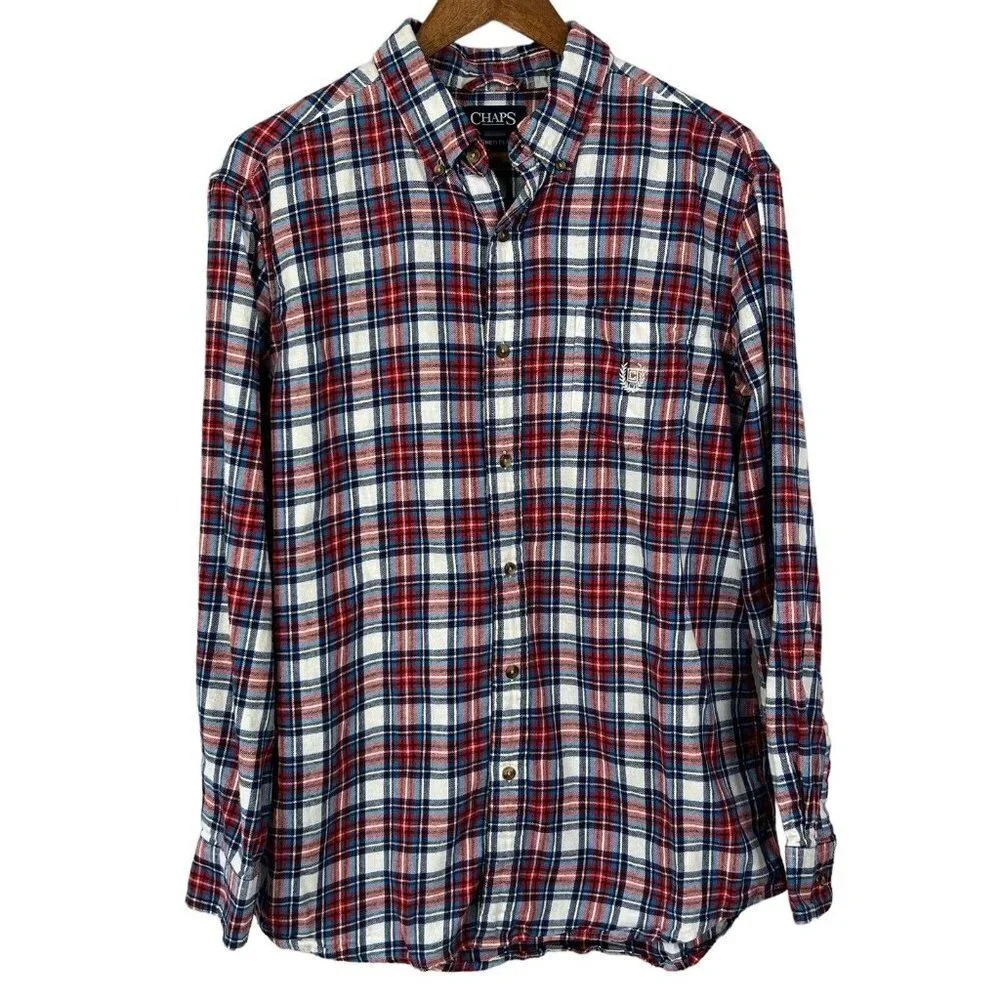 Chaps Mens Large Brushed Flannel Shirt Long Sleeve Button Down Red White Blue